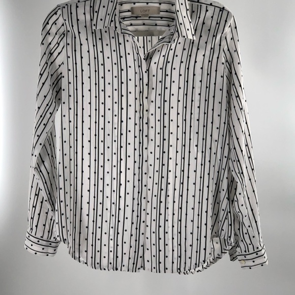 LOFT, size small blouse. 100% polyester. White with black stripes and polka dots - Picture 2 of 4